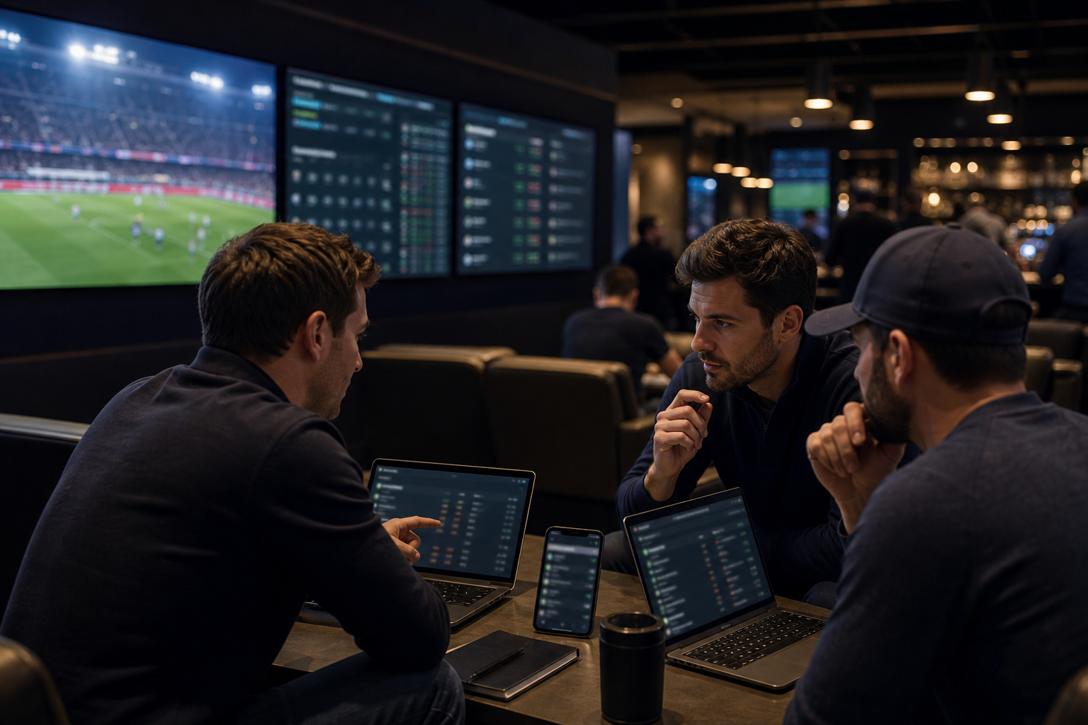 Group of cappers discussing picks in a premium room