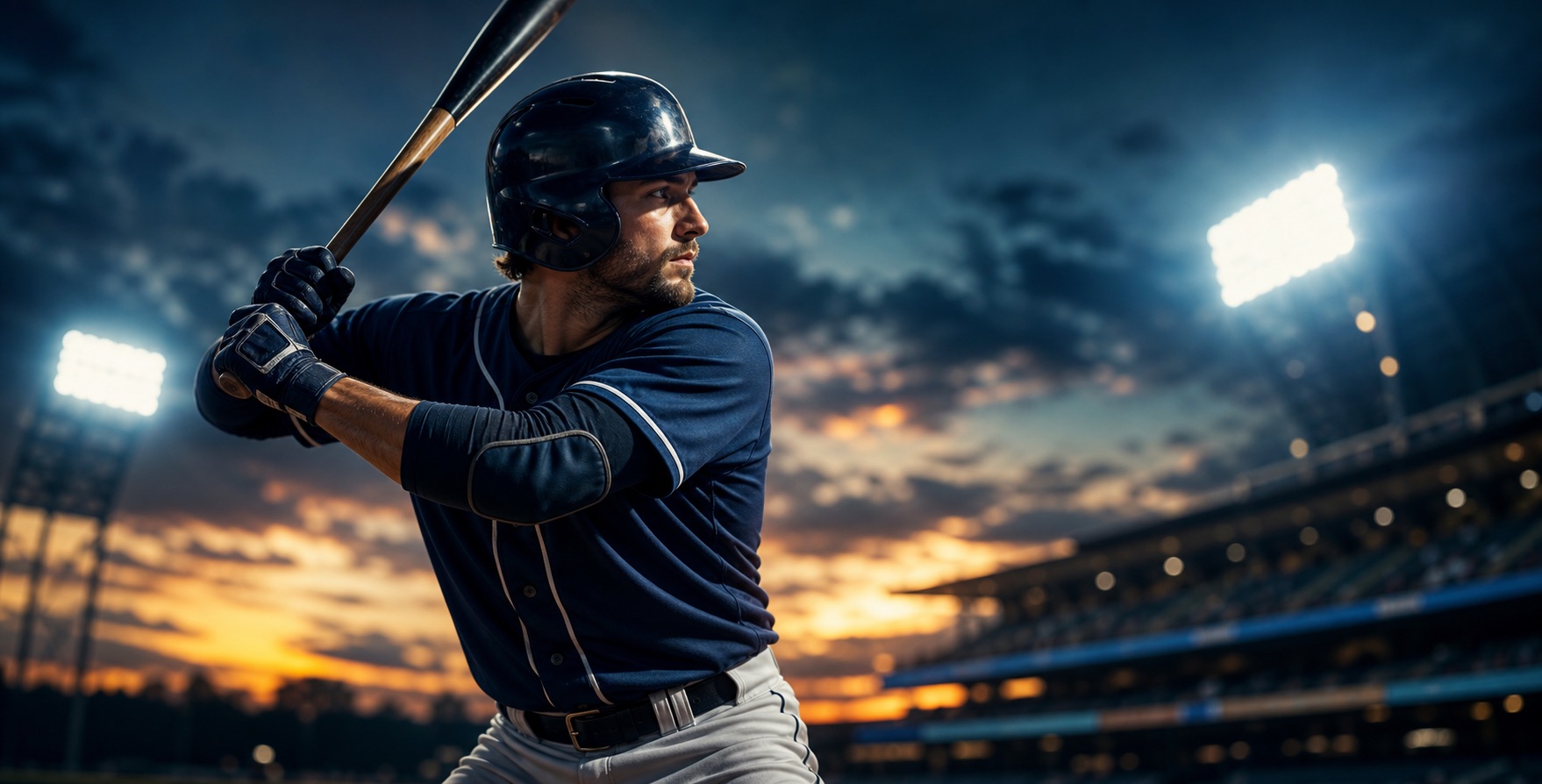 Baseball player batting under stadium lights